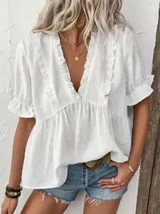 Women's Swiss Dot Frill Trim Blouse, Casual Flounce Sleeve V Neck Top for Summer, Women's Clothing for Daily Wear
