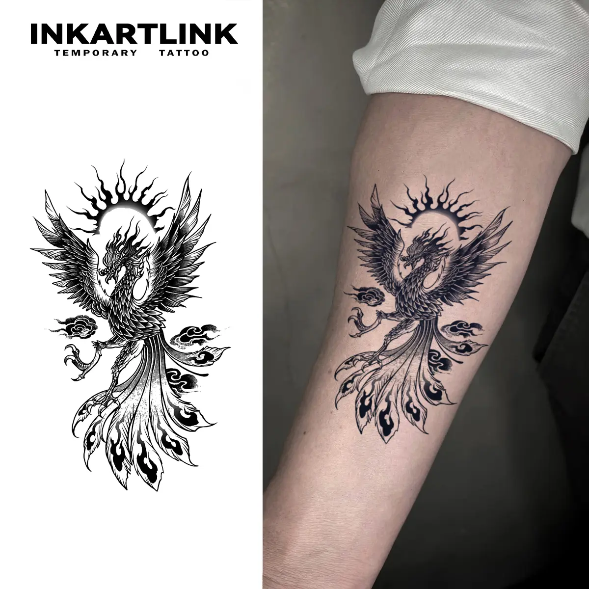 INKARTLINK Semi-Permanent Tattoos, 2 Sheets of Artistic Phoenix Design, Realistic Waterproof Body Art for Adults, All Skin Types, Lasts 1-2 Weeks, Realistic Temporary Tattoos, Tattoo Art
