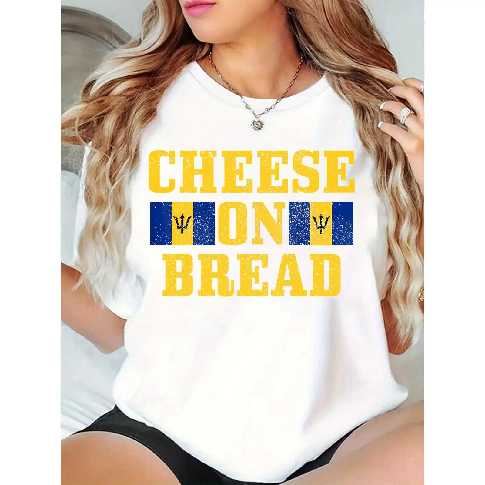 Women's Cheese On Bread Barbados Flag Trident Graphic T-Shirt Casual Daily Wear 100% Cotton T-shirt
