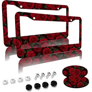 Red Rose Flower License Plate Frames 2 Pack 2 Holes  License Plate Cover with 2 count  Coasters and Screw and Black Screw Caps for Girl Women Men Gifts