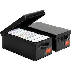 DVD Storage Box – Black Faux Leather DVD Case with Lid – DVD Shelf Organizer for 25 Standard DVD Cases – Foldable & Stackable Media Storage Solution-2Pack