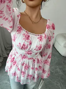 A women's pink floral print elegant temperament fitted waist design square collar blouse shirt, suitable for spring and summer, suitable for outdoor, leisure, travel wear