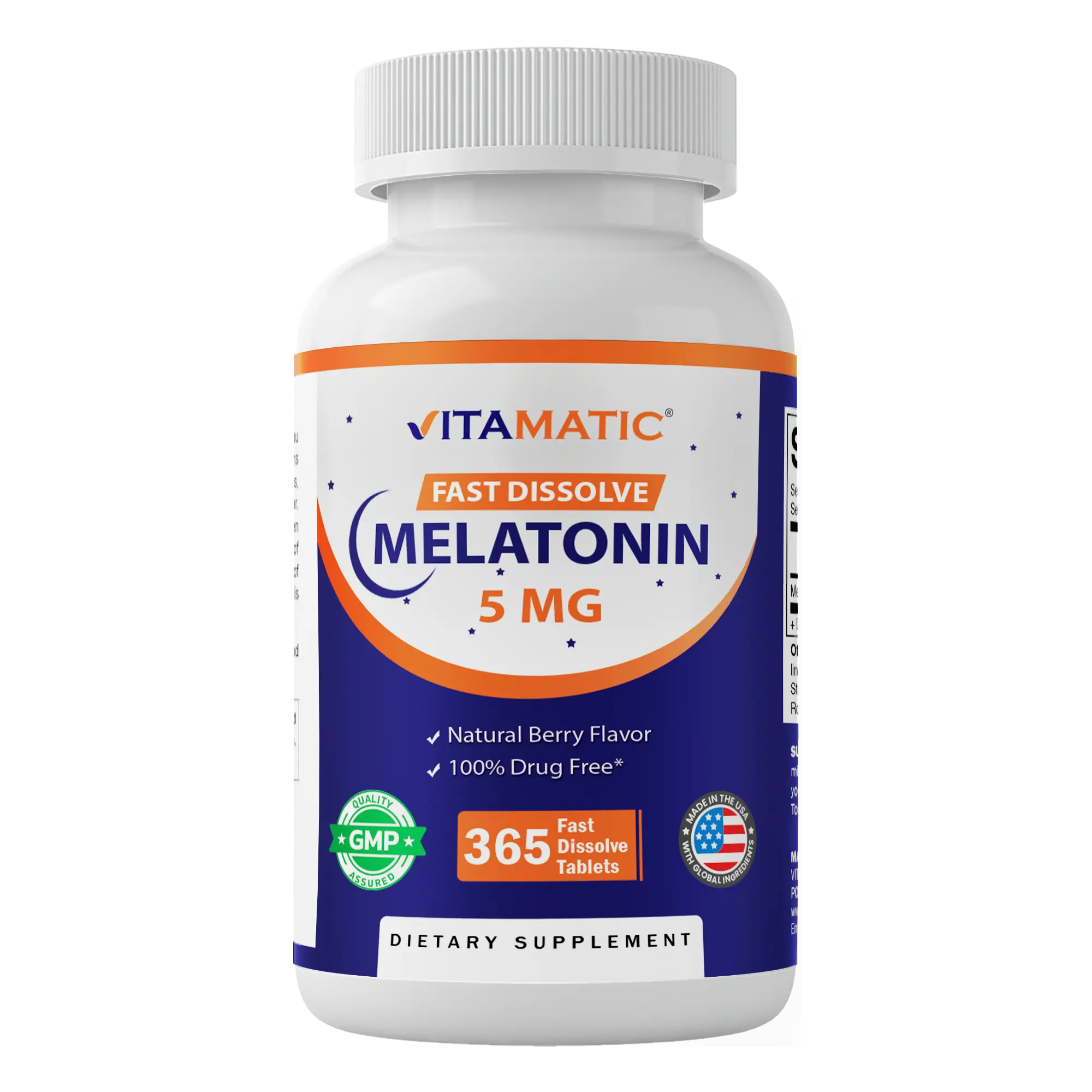 Vitamatic 5 mg Melatonin Dietary Supplement - Edible Natural Raspberry Berry Flavor, 365 ct Fast Dissolve Tablets, 24 Months Shelf Life, Wellness & Optimum Health Support