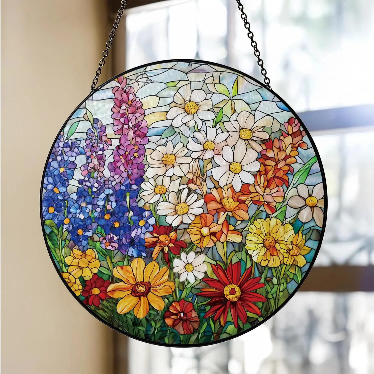 Decorative Floral Wildflower Stained Glass Suncatcher, Colorful Glass Window Hanging Home Decor for Garden, Porch and Gifting