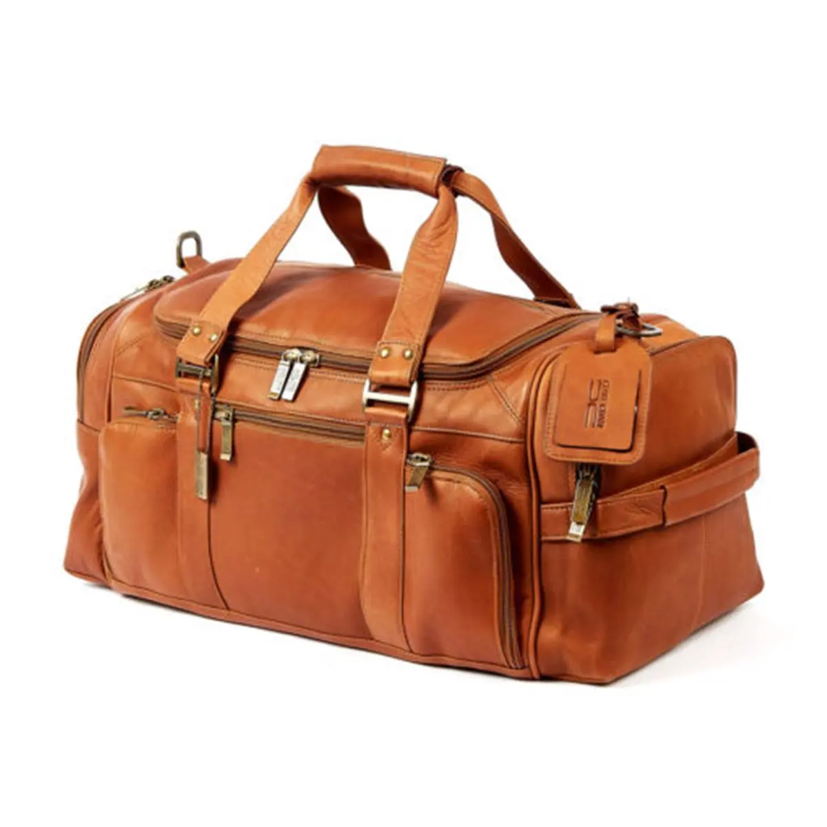 Claire Chase Ultimate Duffel Bag, Handcrafted Unisex Cowhide Leather Weekender for Travel, Saddle with Multiple Pockets and Double Zipper, Fully Lined, Classic Duffel, Top Grain, 11" H X 10" W X 21.5" L, Weekender Travel Bag, Classic Duffle, Adjustable St