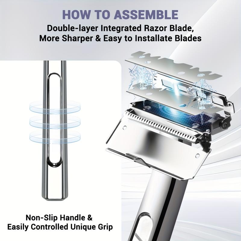 MAKEPOLO 5in1 Safety Razor Kit - All-Metal Shaver with Self-Cleaning, 15 Blades | Unisex Father's Day Gift Stainless Daily Handle Smooth Traditional Black Steel