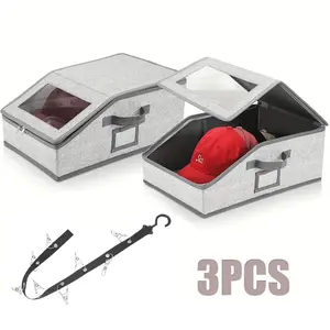 Stackable Baseball Cap Storage Box 3PCS Transparent Window Sturdy Cardboard Hat Organizer for Underwear Socks Toys Men Gray Eco-Durable Multi-Purpose