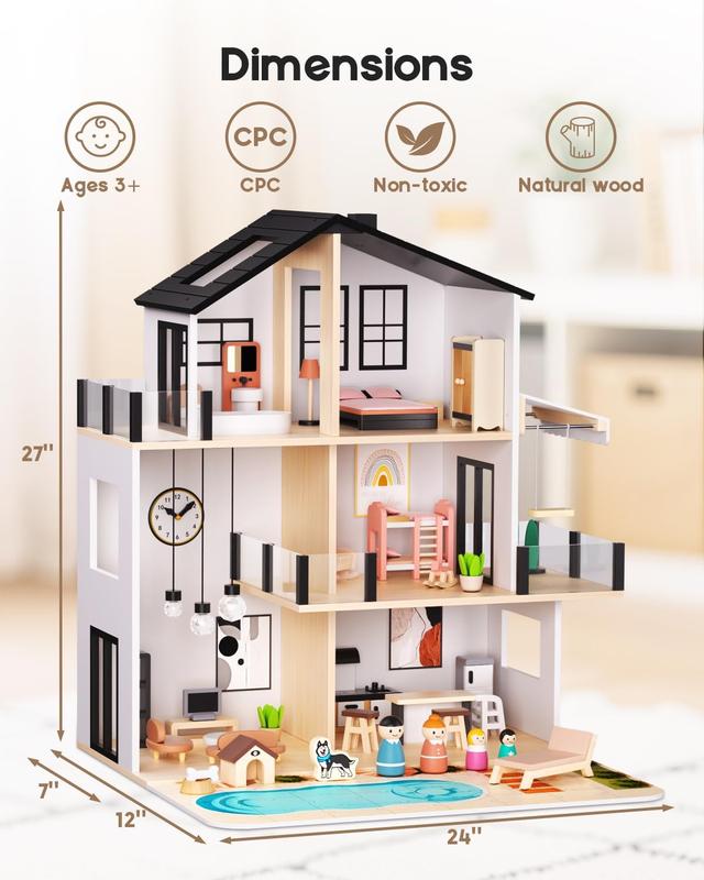 BIERUM Large Modern Wooden Dollhouse with 49Pcs Furniture, Dolls & Pets，DIY Puzzle Pool & Yard, Ideal Gift for Boys & Girls 3+