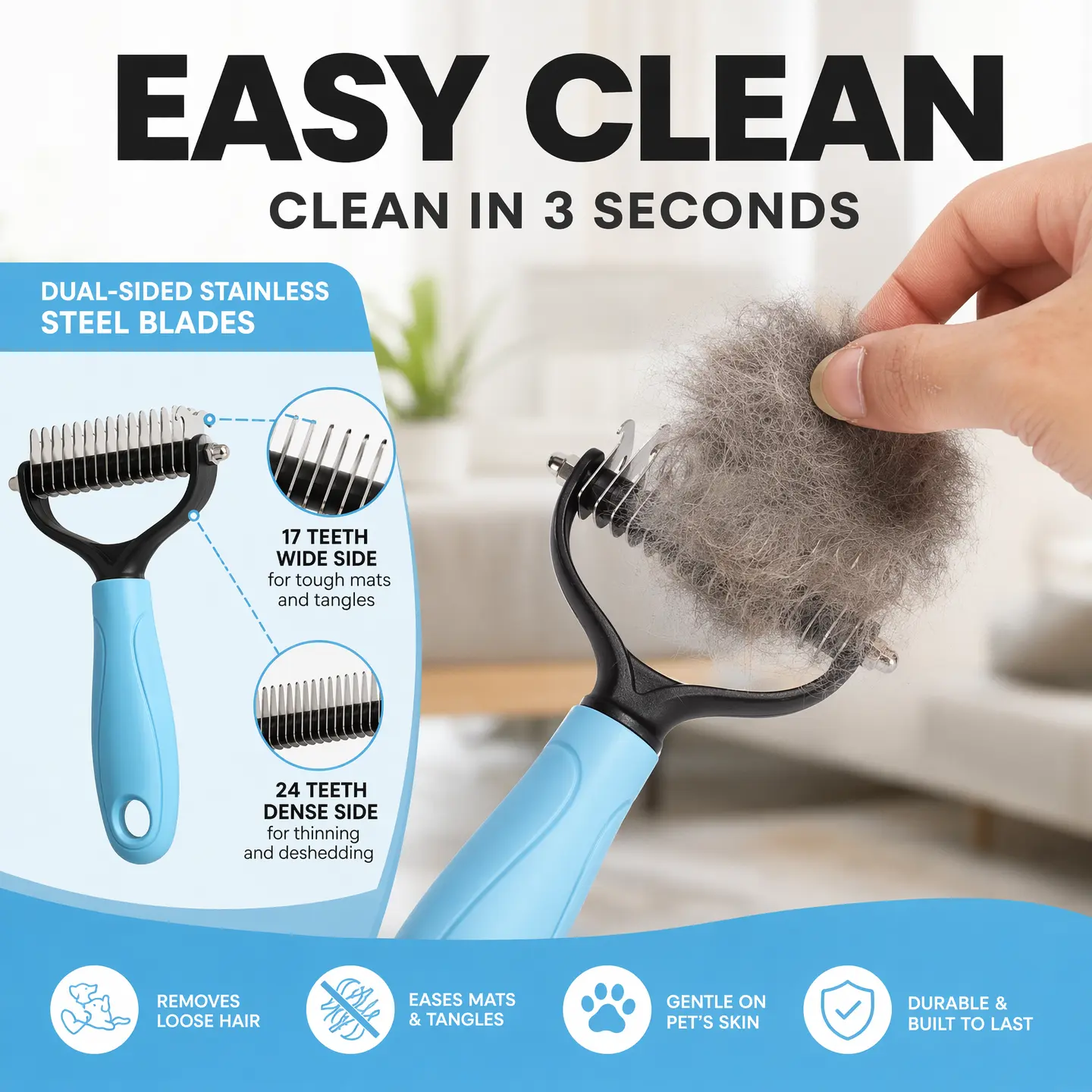 Pet Dematting Comb for Dogs & Cats, Stainless Steel Safe Blade Knot Cutter Brush, Non-Slip Ergonomic Handle Grooming Tool Removes Matted Tangles Loose Undercoat Fur for Long Short Haired Pets