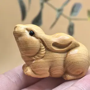 1pc hand-carved wooden rabbit statue as a decorative item, a cute zodiac rabbit animal decoration, Figurines, a creative wooden product, an ideal birthday and Christmas gift