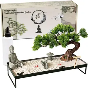 BangBangDa Cute Japanese Bamboo-Metal Carving Buddha Rock Sand Garden - Religious Home Decor, Stone Bonsai Tabletop Ornament for Home Office, Perfect Holiday Gift for Friends