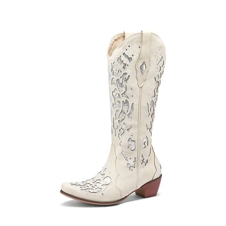 Women's Tall Cowboy Boots, Rhinestone Floral Embroidery Pointed Toe Western Boots, Mid Block Heel Side Zipper Knee High Cowgirl Boots for Party Daily Country Concert