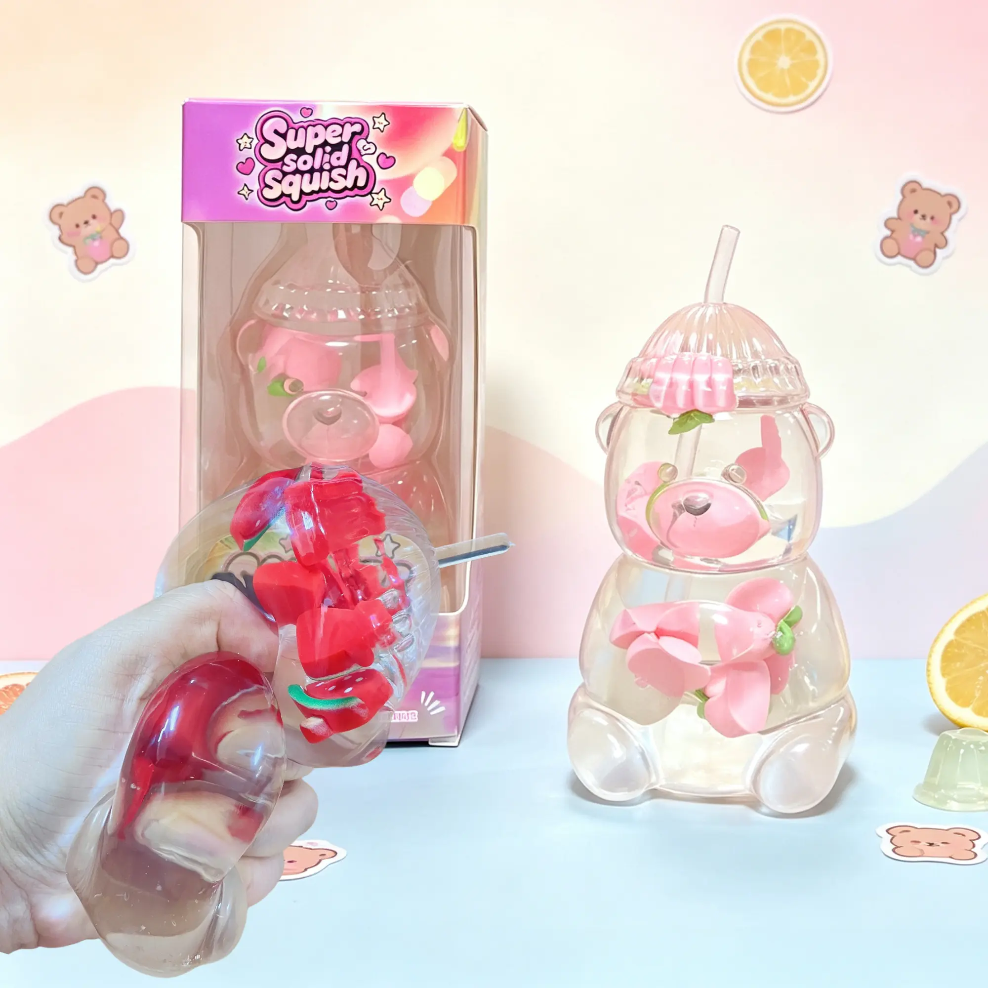Soft Bear Cup Squishies Fruit Beads Inside Handmade Cute Stress Ball for Gifts