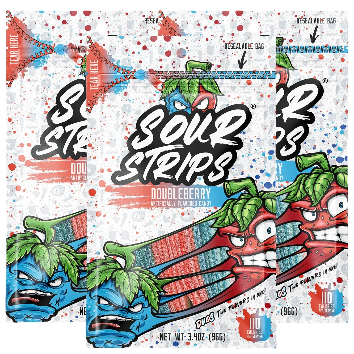 Sour Strips Sour Candy Belts, Doubleberry, Resealable Candy Bags, 3.4 Ounce (Pack of 3)