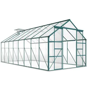 16' x 8' Walk-in Polycarbonate Greenhouse – Clear. Aluminum Alloy Frame + Galvanized Steel Base + 4 Stakes. Polycarbonate Panels (UV Protection, Heat Retention). Sliding Door + 5-Level Windows + Rain Gutters