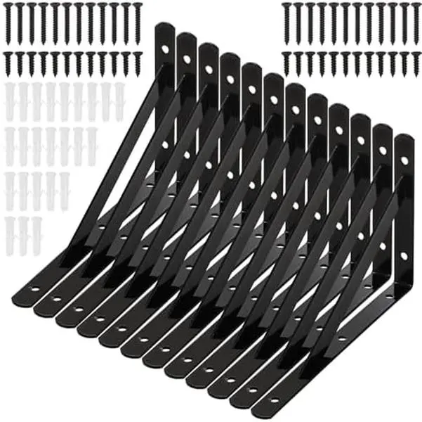 12 Pack Heavy Duty Shelf Brackets, 8 in x 5 in Wall Mount Steel L Shelf Bracket, Angle Brackets for Floating Shelves, Black Metal Powder-Coated