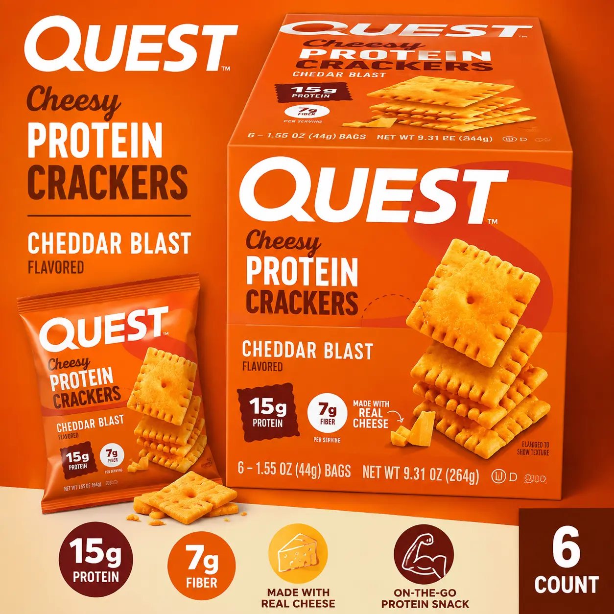 Quest Protein Cheesy Crackers Cheddar Blast 1.59 oz 6 Count High Protein Cheese Snack Crackers