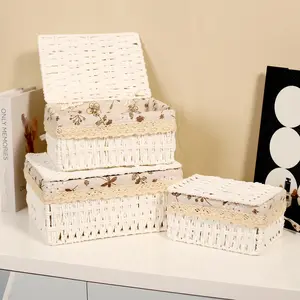 Woven Storage Basket with Lid, 3 Counts/set Hand-woven Storage Basket, Suitable for Bedroom Organizing, Room Organizers, Room Storage, Wardrobe Organizing