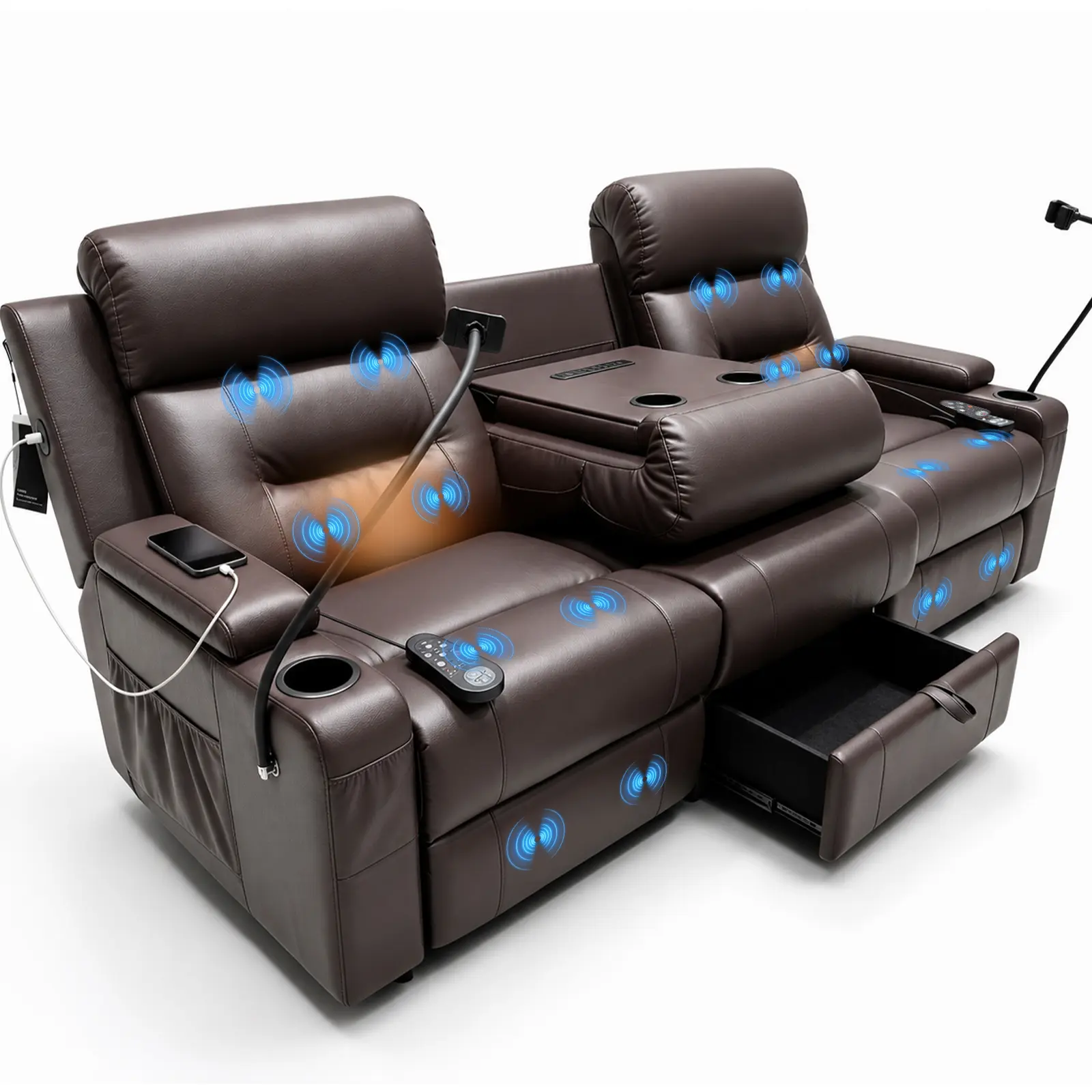 Heated Massage Wall Hugger Reclining Loveseat | RV Friendly Sofa with Wireless Charging, Phone Holder, Storage & Cup Holders