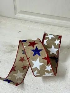 2.5 Inch By 10 Yard Burlap With Red White And Blue Stars Ribbon