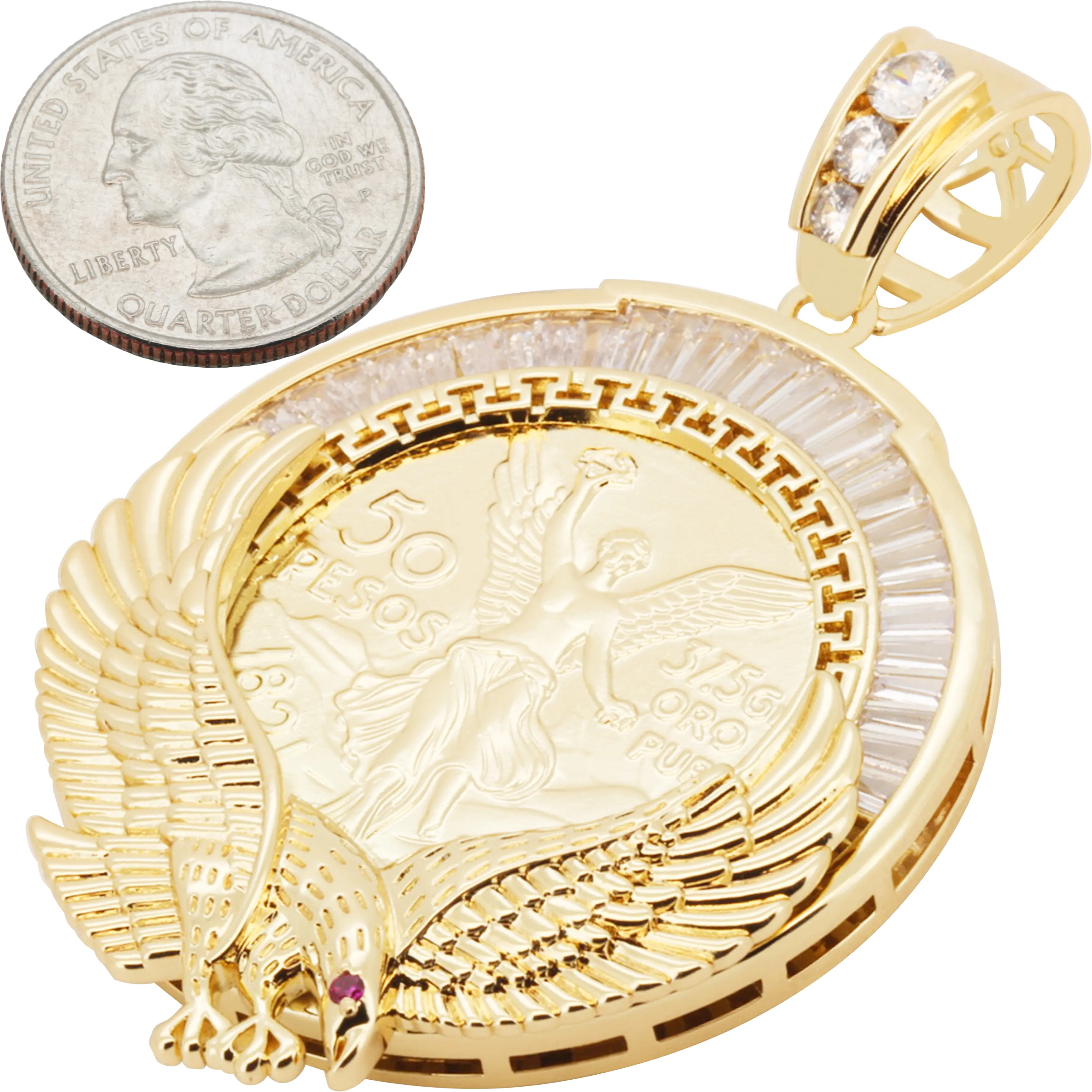 14k Yellow Gold Plated AAA Cubic Zirconia Mexican Peso Pendant