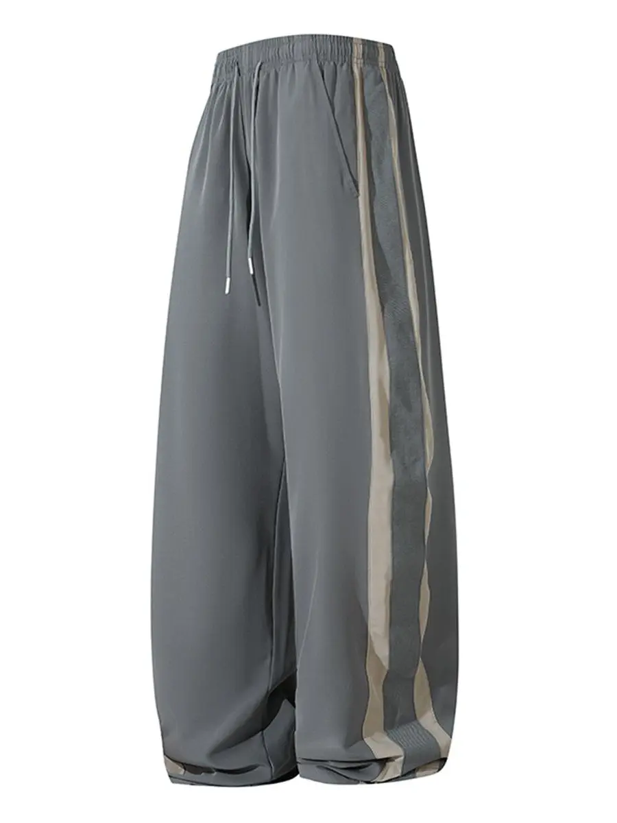 Men's Minimalist Dark Grey Windproof Activewear Track Pants - Seamless Smooth Fabric, 2 Vertical Contrast Stripes, 2 Metal Tips, Drawstring Elastic Waist, Loose Wide Leg, Basic All-Season Soft Breathable Athletic Sportswear Bottoms for Old Money Gym Use,,