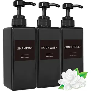 Shampoo and Conditioner Dispenser Refillable Plastic Shampoo Pump Bottles with Waterproof Labels Empty Body Wash Dispenser Set for Bathroom Shower Soap Bottles (Black, Set of 3, 16.9oz)