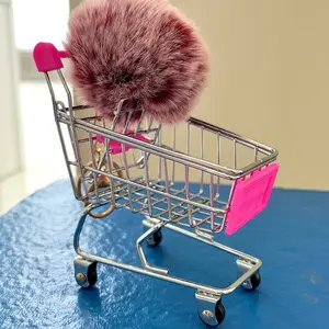 Mini Shopping Cart Toy with PomPom Keychain - Various Colors, Fun Design for Kids