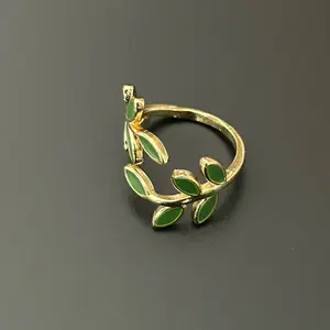 Olive Branch Adjustable Ring Gold-Plated with Green Leaves Design