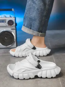 Men's All-Black Techwear Platform Slides, Cool Dark Style, One-Piece Material + Velcro Strap + Lug Platform Sole, Unique Style, Soft Cushioned Fit , Ideal for Daily Home & Light Outdoor Scenarios