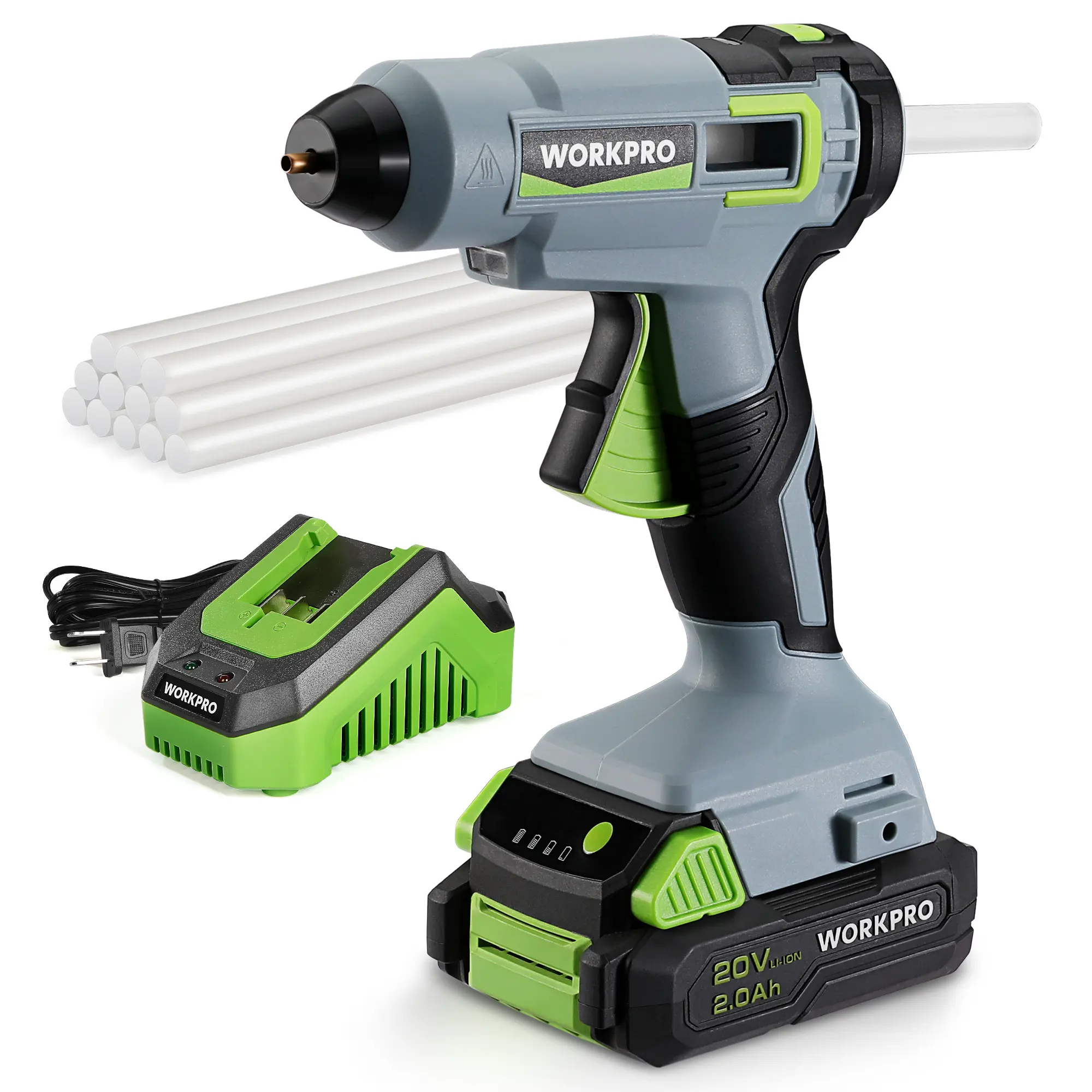 #fathersdaygift WORKPRO 20V Cordless Hot Melt Glue Melter Kit, 2.0 Ah Li-ion Battery Powered Rechargeable Full Size Hot Glue Melter, 45S Fast Preheating, Heavy Duty Wireless Glue Melter with 12 Counts Glue Sticks for DIY & Craft