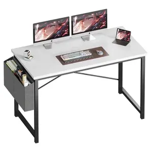 Large Computer Desk 44 Inch with Storage Bag - Extra Workspace Home Office Desk for Gaming, Writing, Study - Sturdy Steel Frame Workstation with Side Organizer Pocket - Modern Simple Design (Black/White/Rustic Brown)