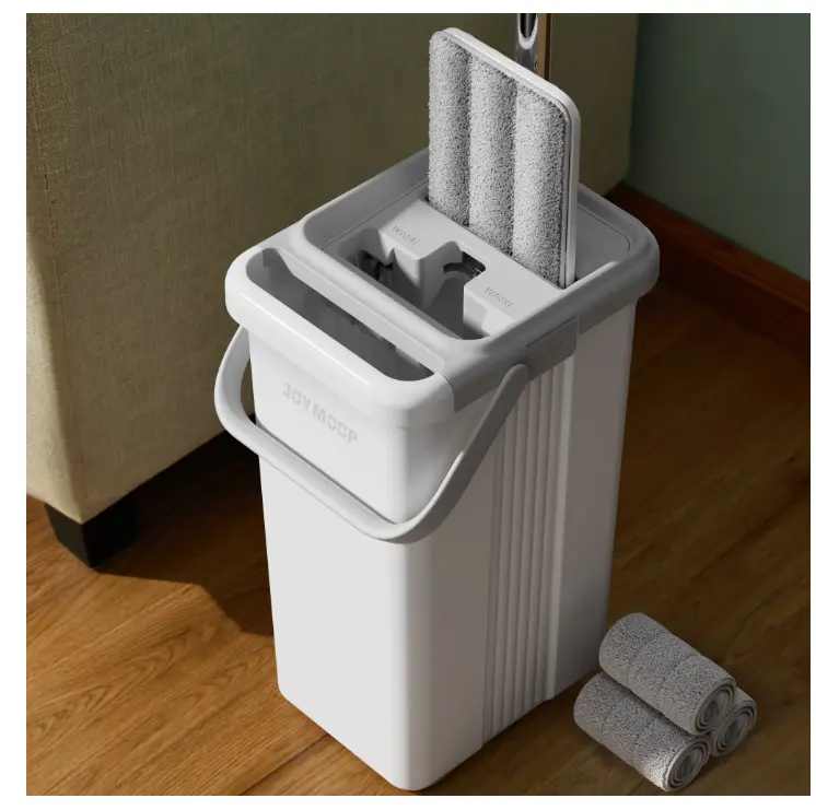 JOYMOOP Flat Mop and Bucket with Wringer Set - Home Floor & Wall Cleaning System, Includes 3 Reusable Microfiber Mop Pads
