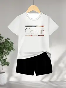 Trendy Casual Set, Gradient Letter Print Short Sleeve Top & Shorts, Loose-Fitting All Seasons, No Collar, Without Button