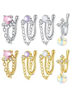 Fake Nose Ring for Women U-shaped Heart Dangle Chain Clip On Faux Nose Piercings, Non Piercing Jewelry  Nose Cuffs