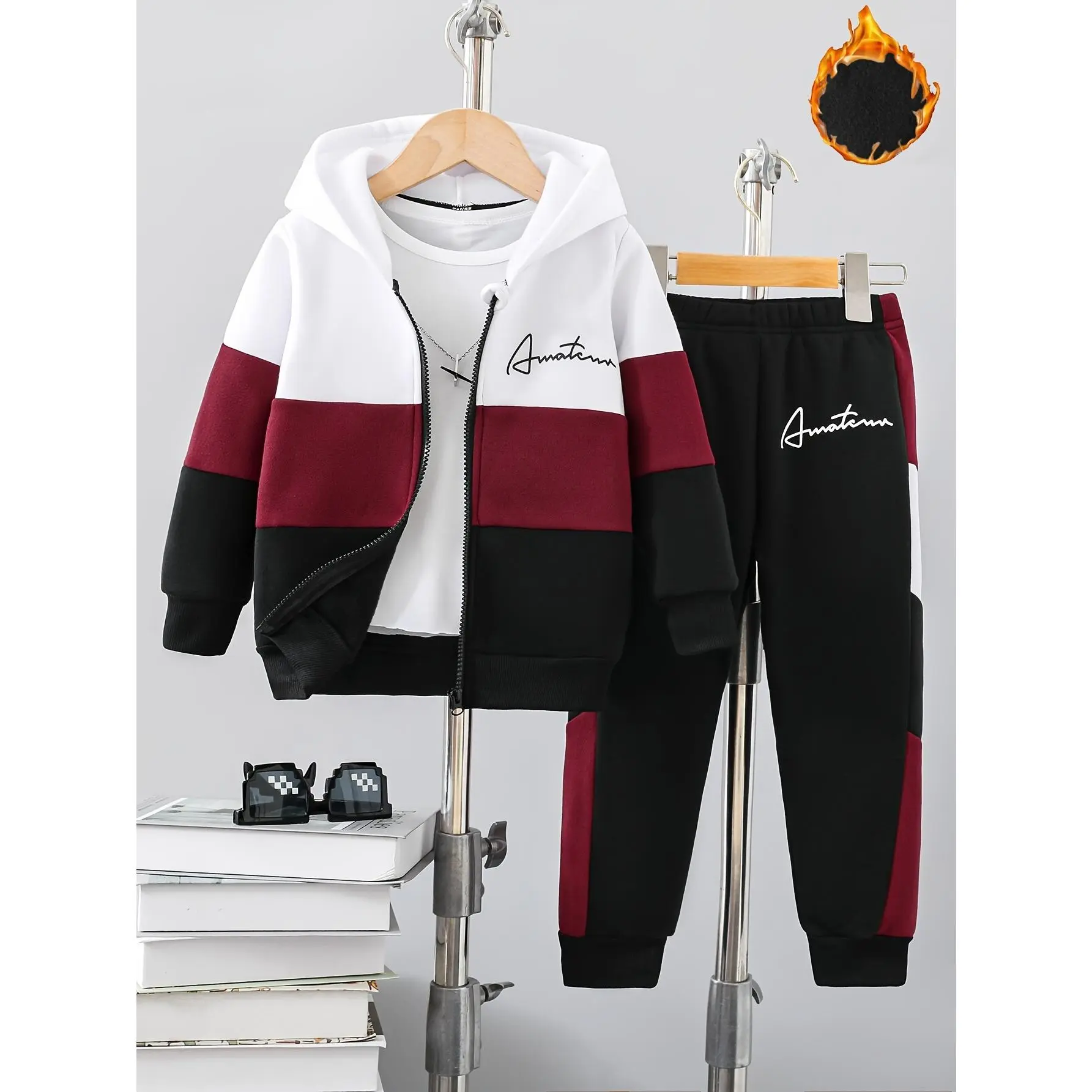 Boys' Casual Tracksuit Set with Color-Block Alphabet Print, 2-Piece Long Sleeve Hooded Zip-Up Sweatshirt & Jogger Pants, Polyester Kids Clothing