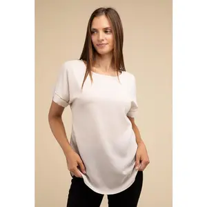 ZENANA Woven Heavy Dobby Rolled Sleeve Boat Neck Top
