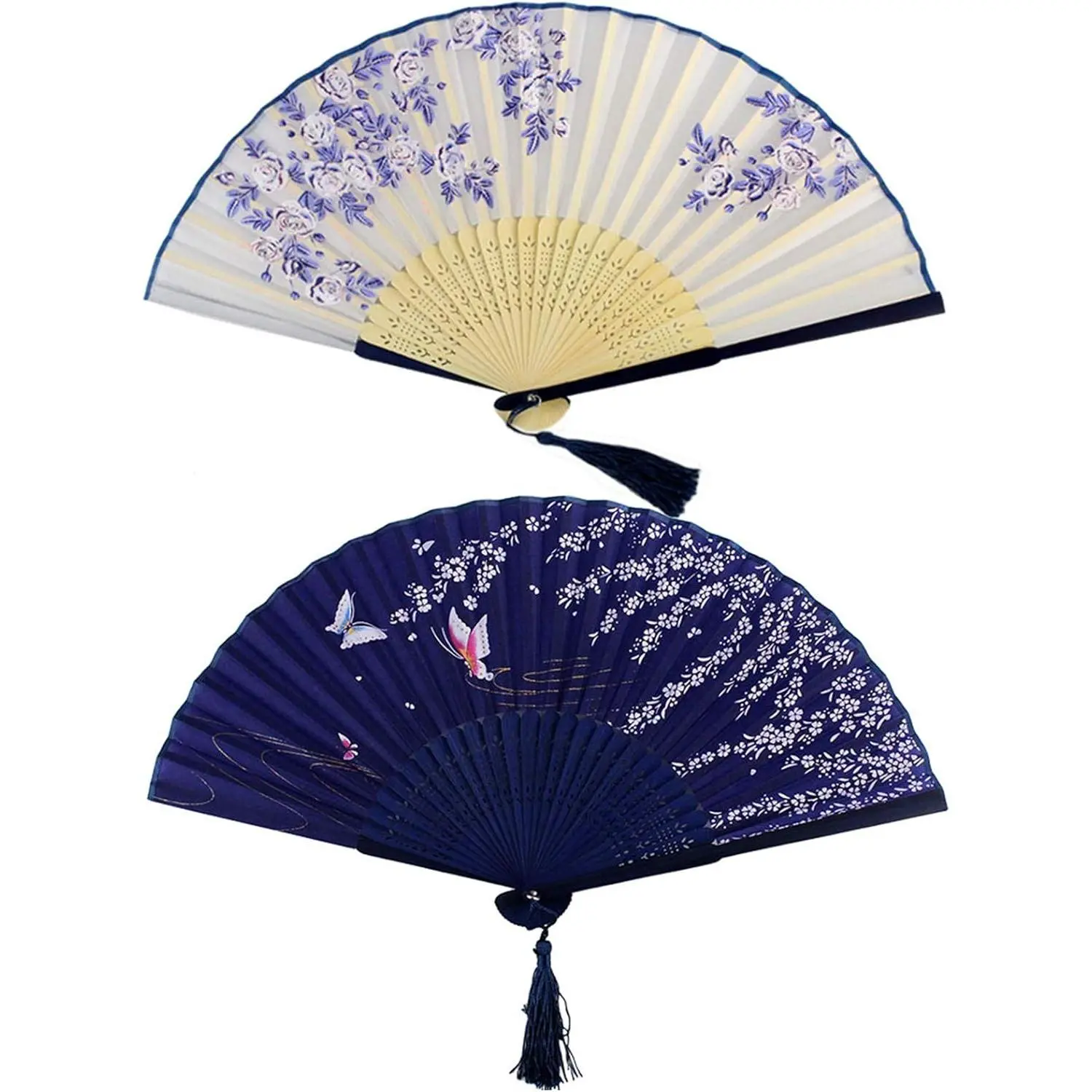 Bantoye 2 Pieces Handheld Fans, Silk Folding Fans with Bamboo Frames for Dancing Cosplay Wedding Party Props Decoration, White Blue