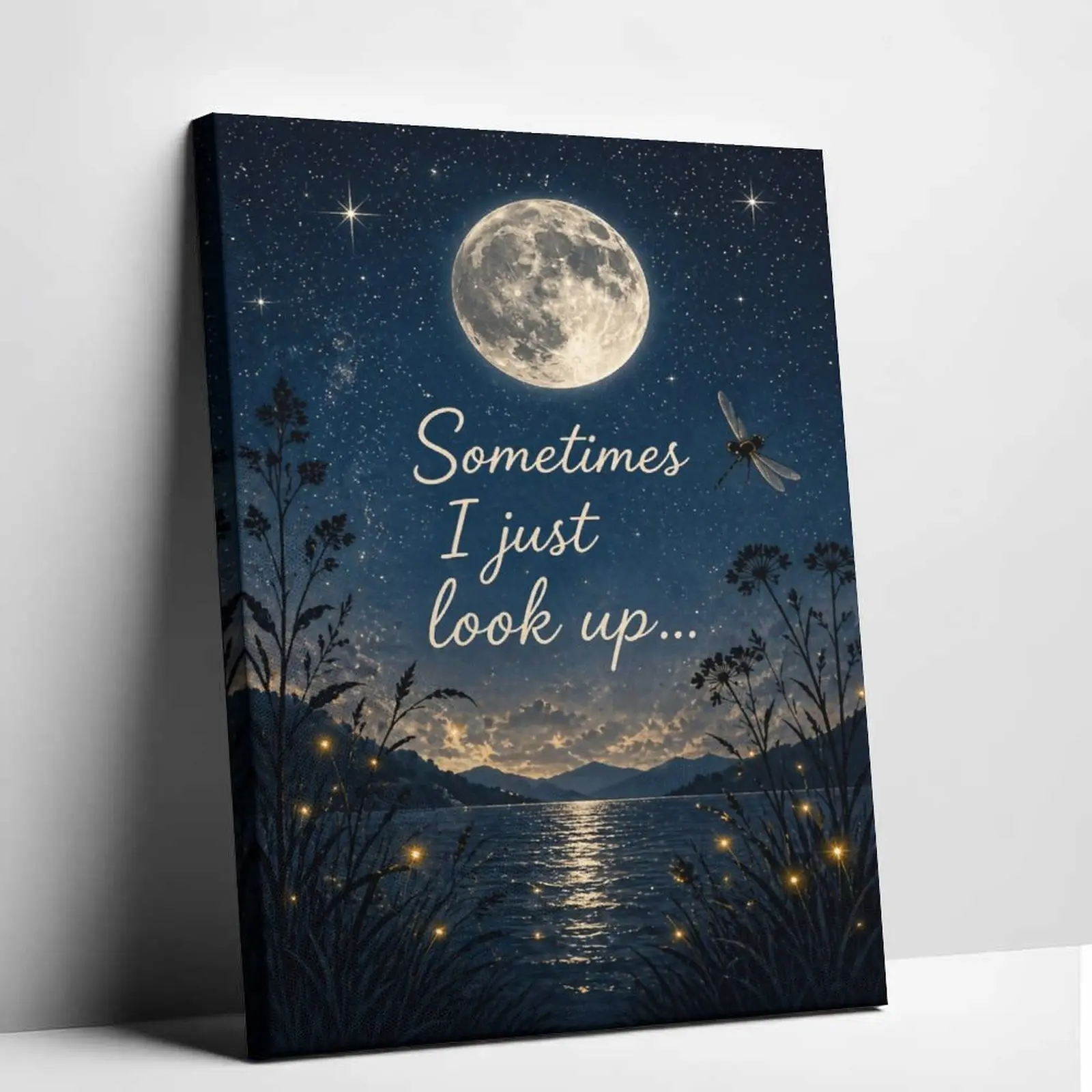 Moon Night Canvas Wall Art “Sometimes I Just Look Up” Starry Sky Landscape Poster Dreamy Lake Full Moon Print Inspirational Quote Wall Decor for Bedroom Living Room Bathroom Aesthetic Home Decor
