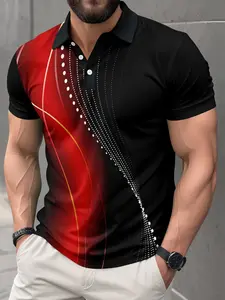 Men's Unique and Gradient Glow Print Polo Shirt, Summer Trendy Short Sleeve Casual Top, Fitted All over Print Design, Casual Wear, Polo Tees, Menswear