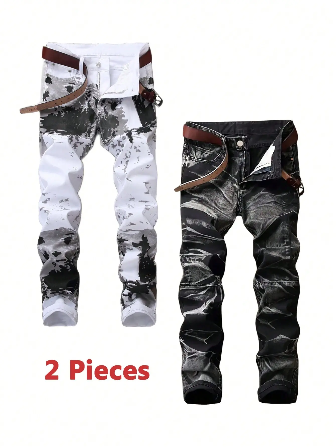 2 Pieces Pants For Men Streetwear Men's Jeans Comfort Casual Trousers White And Black Denim Pants Outfit Pockets Y2k Clothing Summer Clothes Fashion