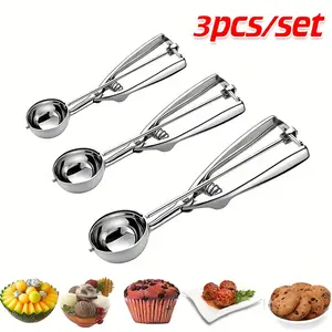 3-Piece Cookie Spoon Outdoor Stainless Steel Ice Cream Spoon, Camping Fruit Styling Spoon Small Round Spoon Ice Cream Spoon Fruit Digger Spoon Ball Player, Ice Cream Non-Stick Spoon, Ice Cream Scoop