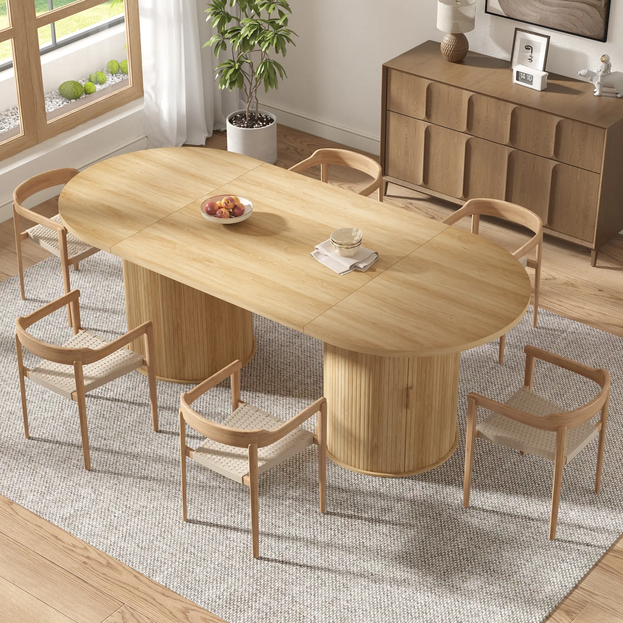 [ONLY INCLUDING Table]AMERLIFE 86.6'' Modern Extra Long Oval Dining Table with Hidden Storage, Wooden Dining Table with Cylindrical Fluted Base, Seats 6–8, Sturdy Kitchen & Dining Room Furniture #homemakeover