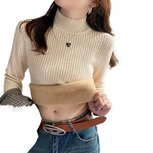 Fleece-Lined Sweater for Women Winter Thickened One-Piece Fleece Autumn Winter Half Turtleneck Inner Knitted Base Shirt White Warm Top