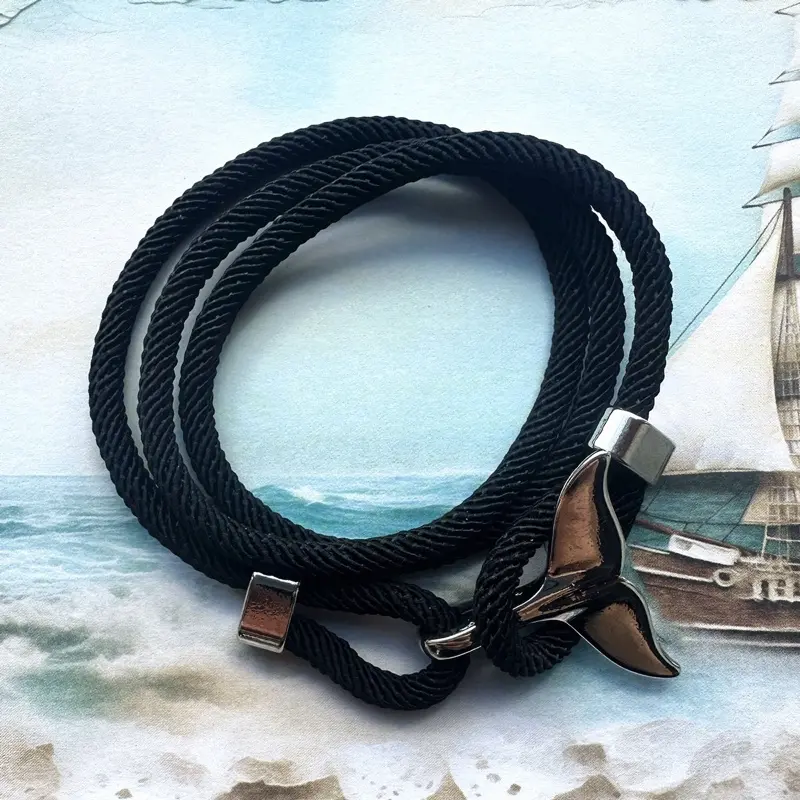 Nautical Whale Tail Wrap Bracelet - Adjustable Nylon Cord Bracelet with Silver-Tone Charm