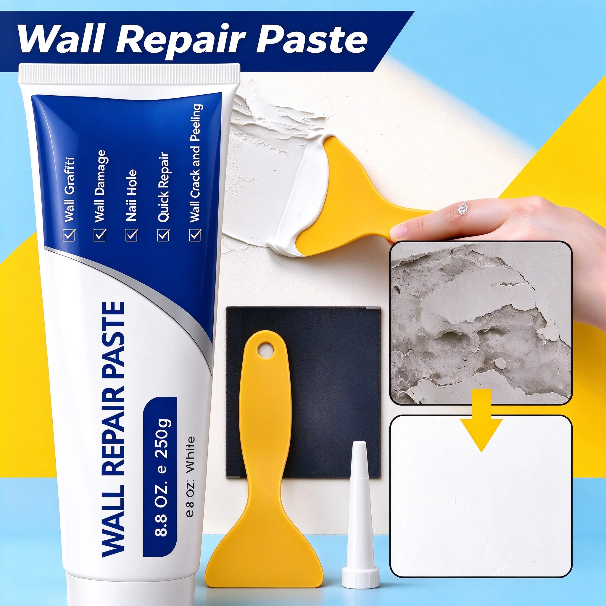 Heavy-Duty Wall Repair Kit, 8.8oz White Drywall Mending Paste with Strong Adhesive, Fast-Drying Crack Filler for Holes, Scrapes & Wall Damage, Waterproof Interior White Wall Fix, Complete Set