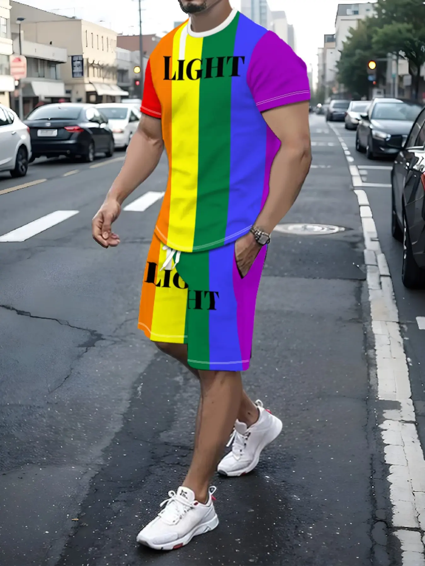 Men's Two-Piece Street Style Fashion Rainbow Stripe Print Round Neck Short Sleeve Top Shorts Set, Casual Fitted Suit for Daily Wear and Vacation