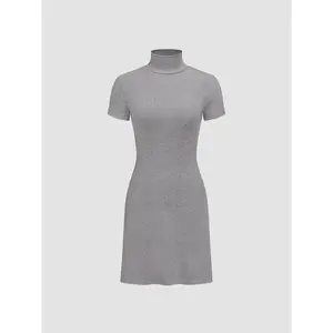Cider [3 colors, size 0-26] Knit High Neck Solid Mini Dress