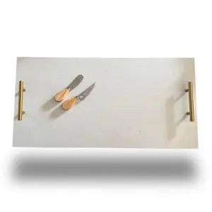 White Quartz Cutting Serving Charcuterie Pastry Board Unique Gift Idea for Engagement Anniversary Housewarming Wedding Etc Chopping Kitchen 12" x 24" Matte Square with Gold Handles Eco-Friendly Sustainable Design