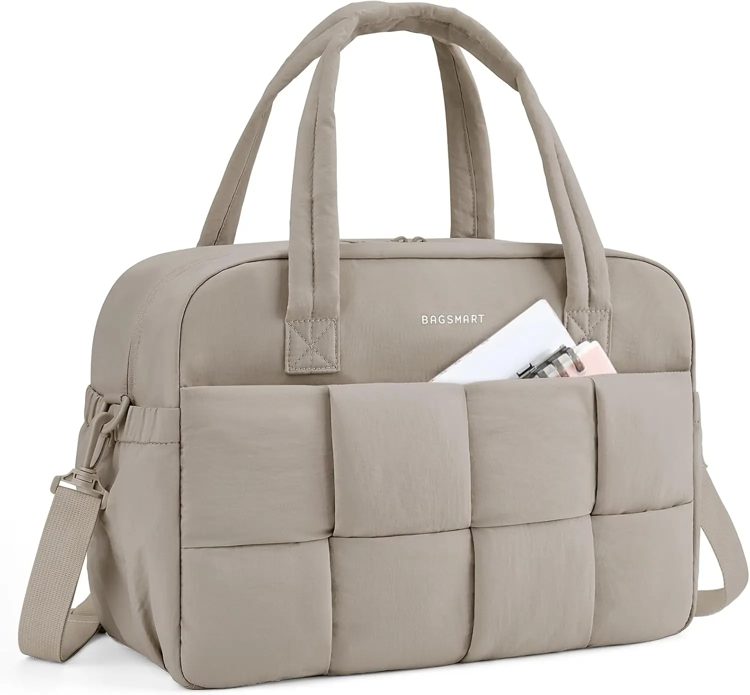 BAGSMART Women's Puffer Duffle Bag with Woven Grid, Water Repellent Carry-On for Yoga/Gym, Overnight Weekender Travel, Sporty Chic, Durable, Adjustable, 100% Nylon, Companion, Daily Commutes, Lightweight Gym Bag, Quilted Sports Bag
